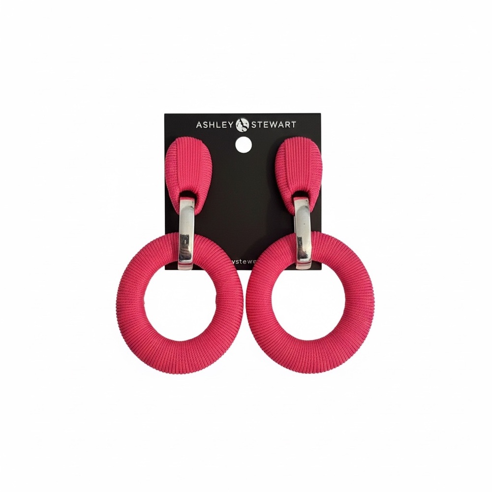 Pink thread-wrapped hoop drop earring silver tone accent Ashley Stewart